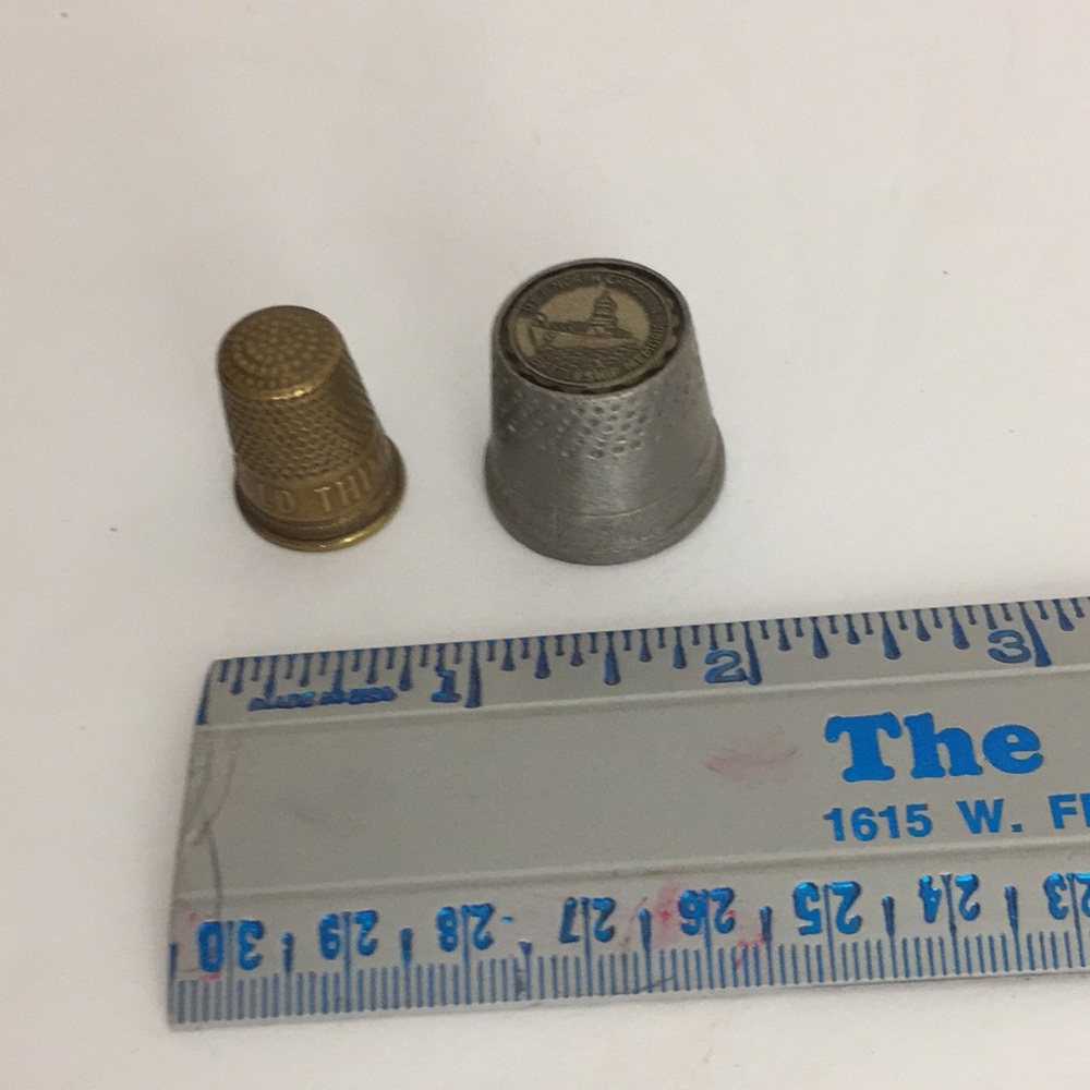 Lot of 2 Metal Thimbles Vintage Scotch Gold and Battleship USS NC
